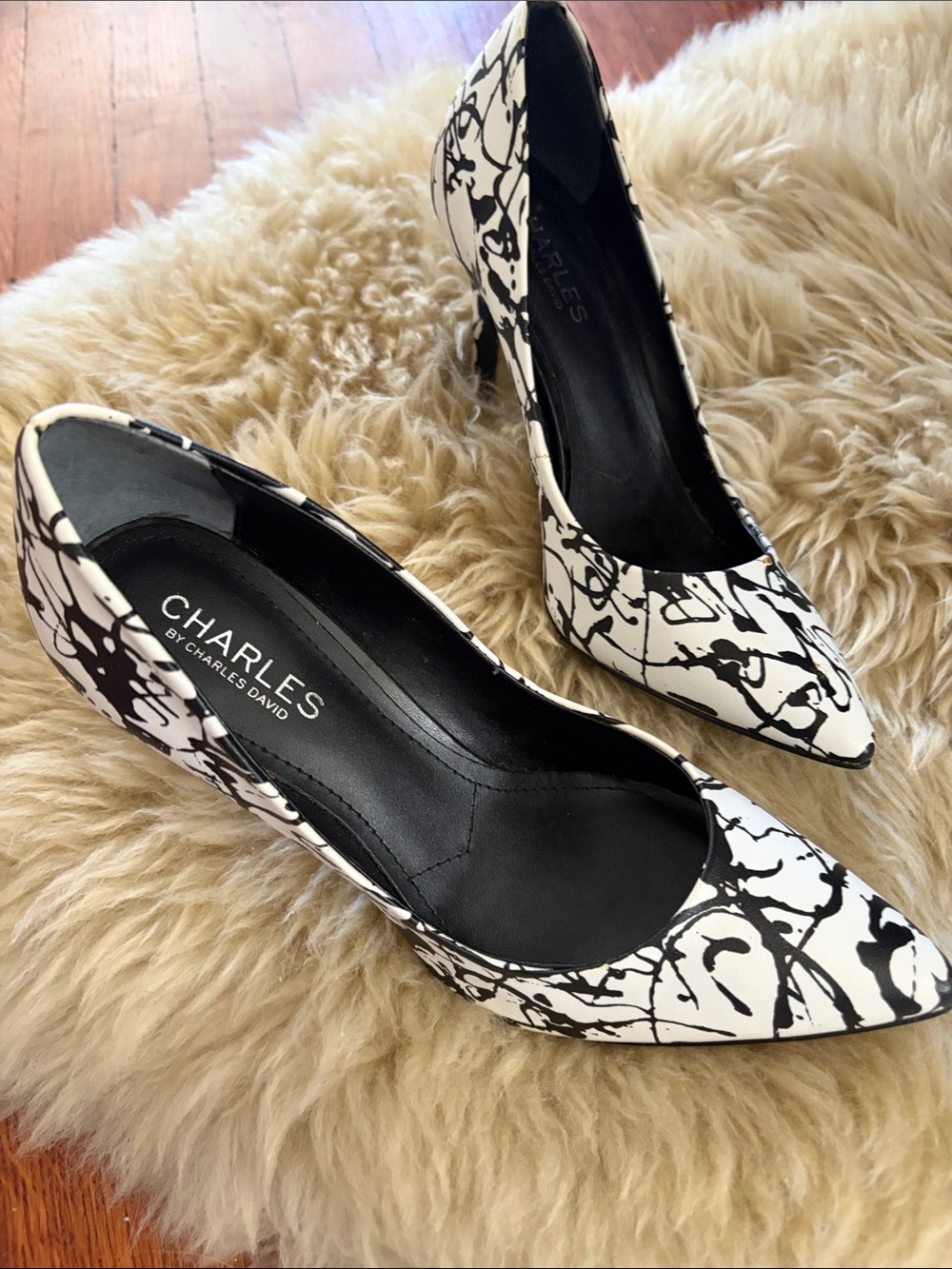 Charles By Charles David Black & White Paint-Splatter Pointed Pumps